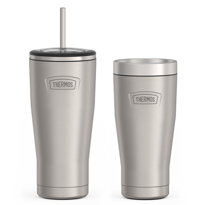 Thermos Icon 32 ounce water bottle with straw and 24 ounce hot or cold beverage tumbler bundle.