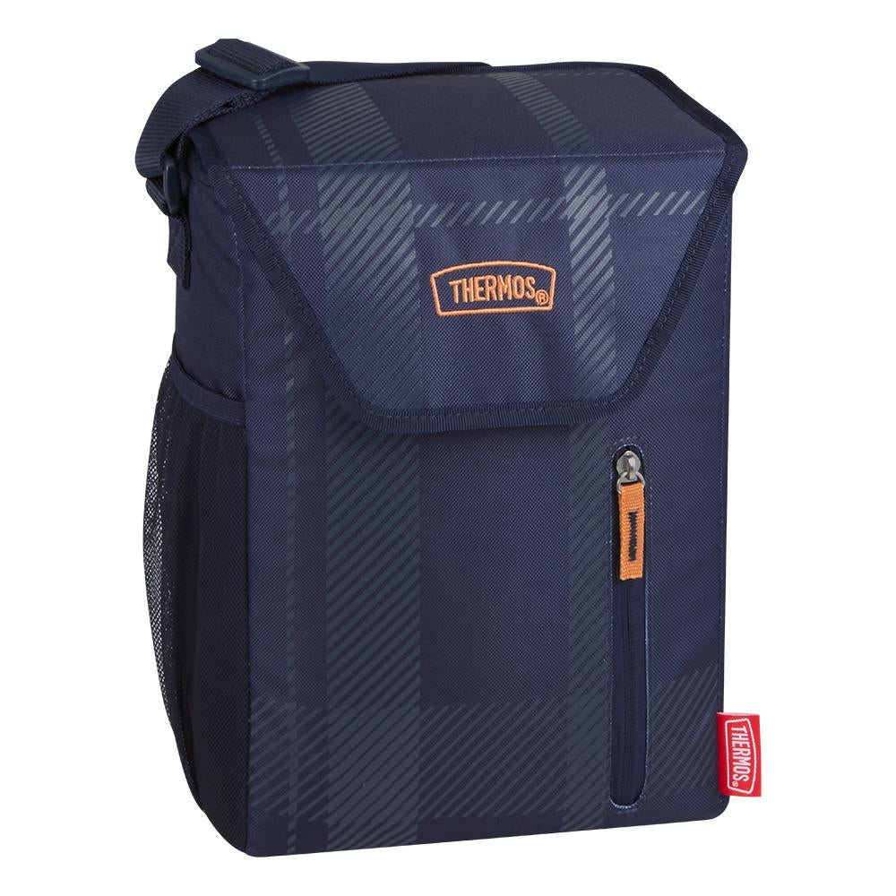 View 2., 12 Can Cooler or Lunch Box in Navy Plaid. Folding top, front zipper pouch, and side drink pouch.  