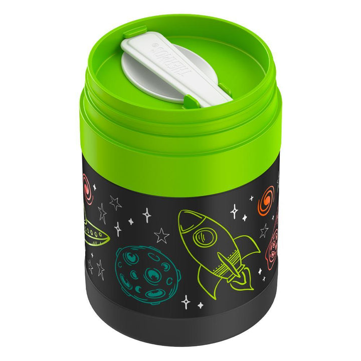 10 ounce Funtainer food jar, lid open, spoon folded inside, Space.