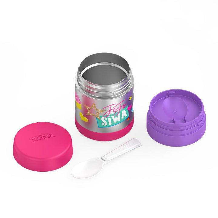 10 ounce Funtainer food jar, JoJo Siwadisassembled with lid open to show spoon compartment and spoon is out and unfolded