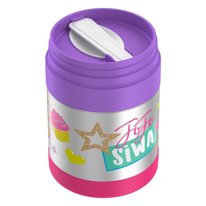 10 ounce Funtainer food jar, JoJo Siwa spoon compartment open to show foldable spoon.