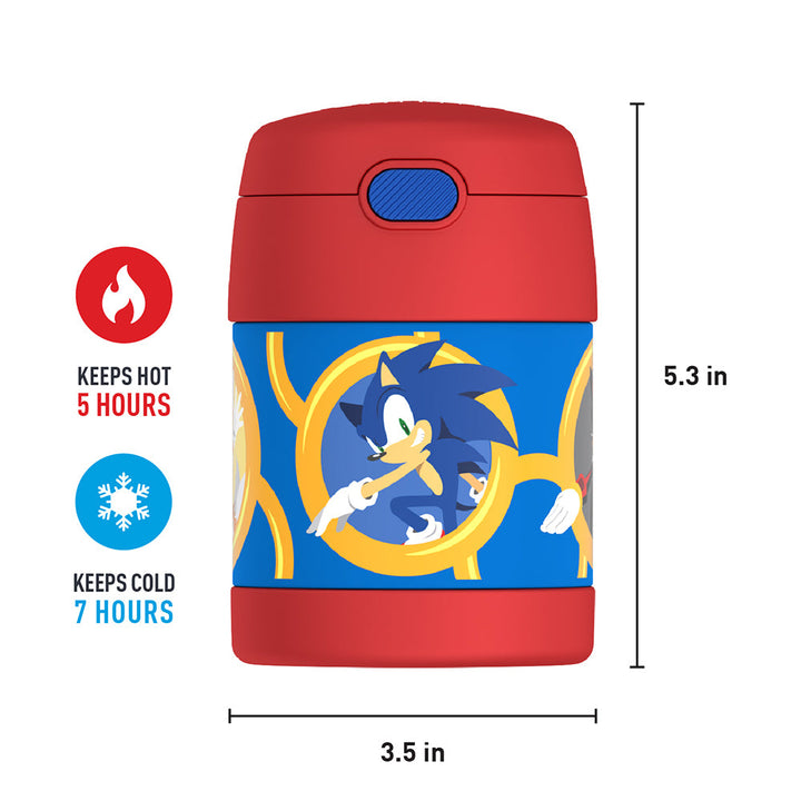 10 ounce Funtainer food jar, front view, Sonic the Hedgehog. 5.3 inches high, 3.5 inches wide at the base. Keeps Hot 5 Hours, Keeps Cold 7 Hours.