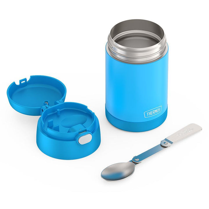 16 ounce Funtainer Kids Food Jar, unassembled and spoon unfolded, Electric Blue.