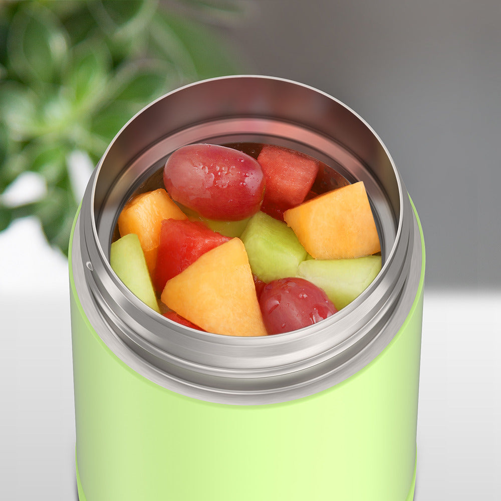 16 ounce Funtainer Kids Food Jar, Neon Lime with assorted fruit inside.