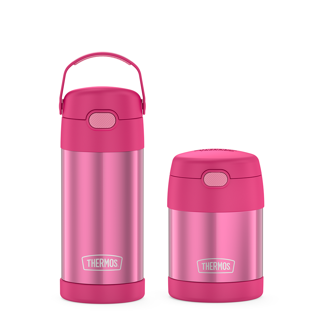 Pink Kids Funtainer 12 ounce Water Bottle and 10 ounce food jar bundle