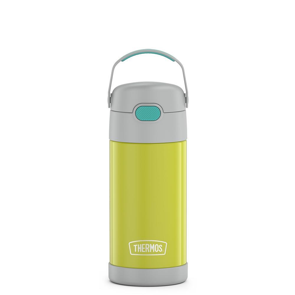 12 ounce yellow and green Funtainer water bottle, front view, handle up.