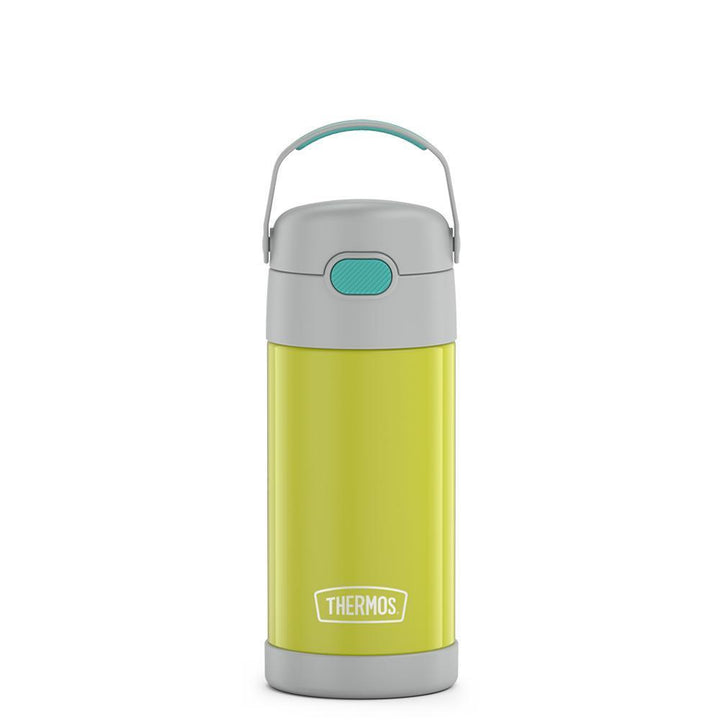 12 ounce yellow and green Funtainer water bottle, front view, handle up.