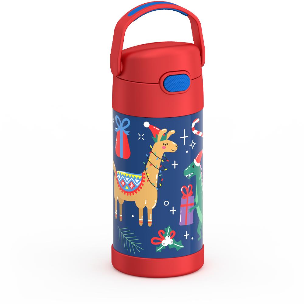 12 ounce stainless steel FUNtainer water bottle, ISO view, handle up, animal presents.