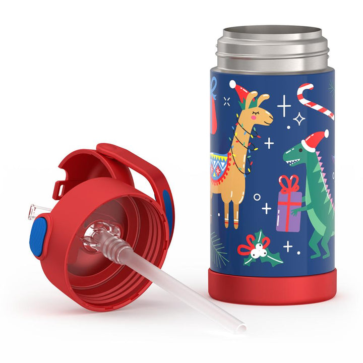 12 ounce FUNtainer stainless steel bottle, side lid view, animal presents.