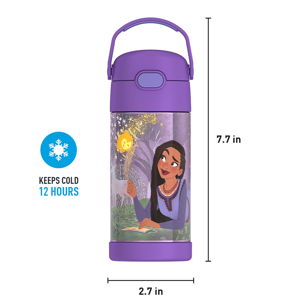 12 ounce Funtainer water bottle, Disney's Wish, front view with handle up. 7.7 inches tall, 2.7 inches wide at base. Keeps Cold 12 Hours.