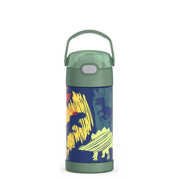 12 ounce Funtainer water bottle with handle up, Dinosaur Pattern.