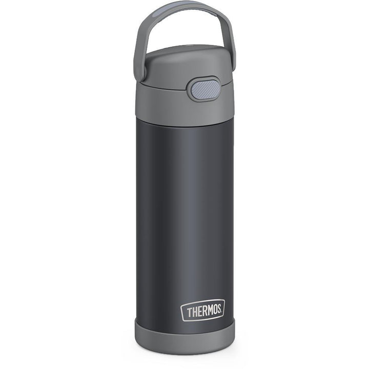 16-ounce Funtainer Stainless Steel Water Bottle with Spout, Matte Transluscent Charcoal, side view, handle up.