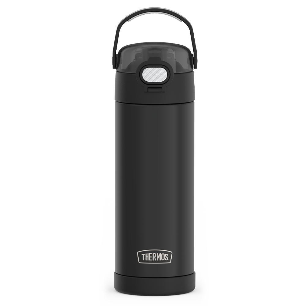 16-ounce Funtainer Stainless Steel Water Bottle with Spout and locking lid,  front view, Matte Black.