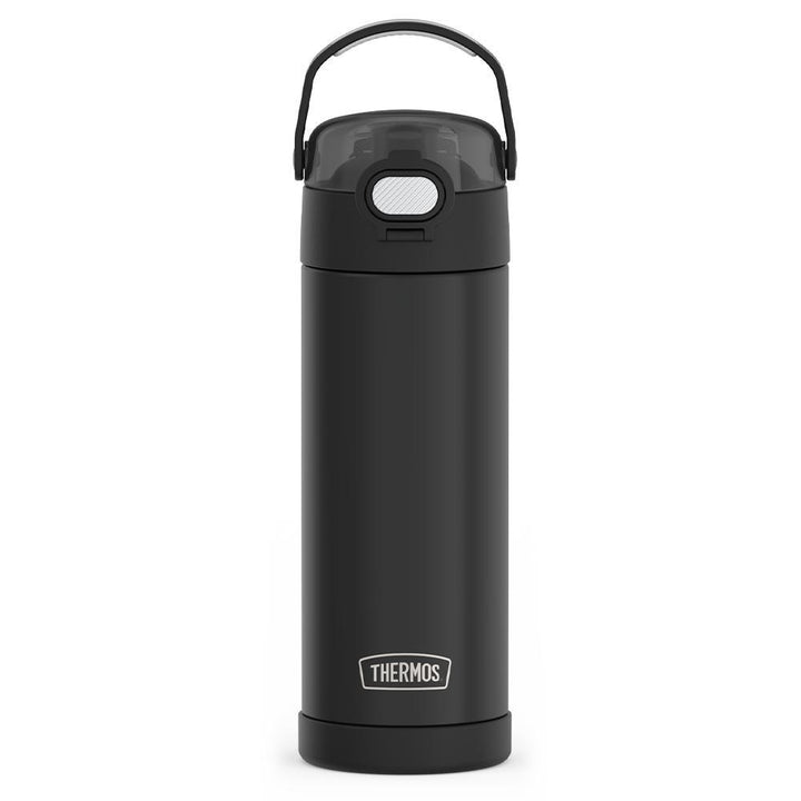 16-ounce Funtainer Stainless Steel Water Bottle with Spout and locking lid,  front view, Matte Black.