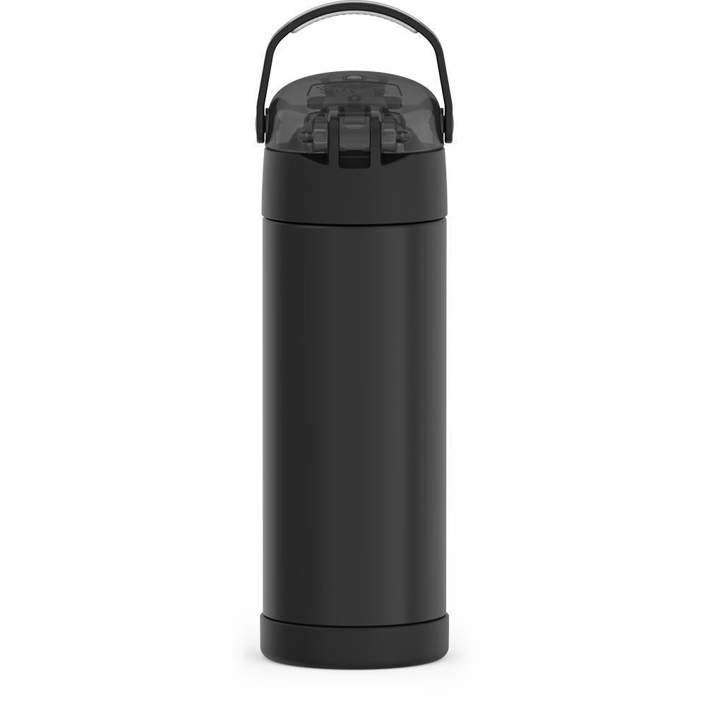 16-ounce Funtainer Stainless Steel Water Bottle with Spout and locking lid,  back view, handle up, Matte Black.