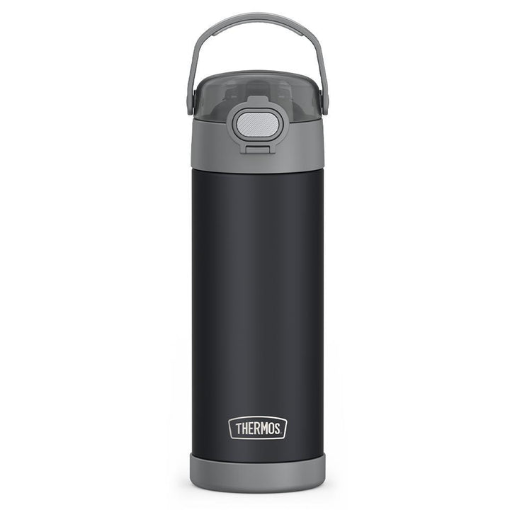 16-ounce Kids Stainless Steel Water Bottle with Spout and locking lid,  front view, Charcoal.