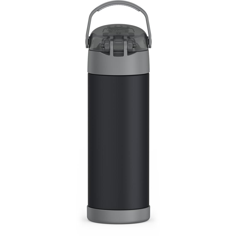 16-ounce Funtainer Stainless Steel Water Bottle with Spout and locking lid,  back view, handle up, Charcoal.