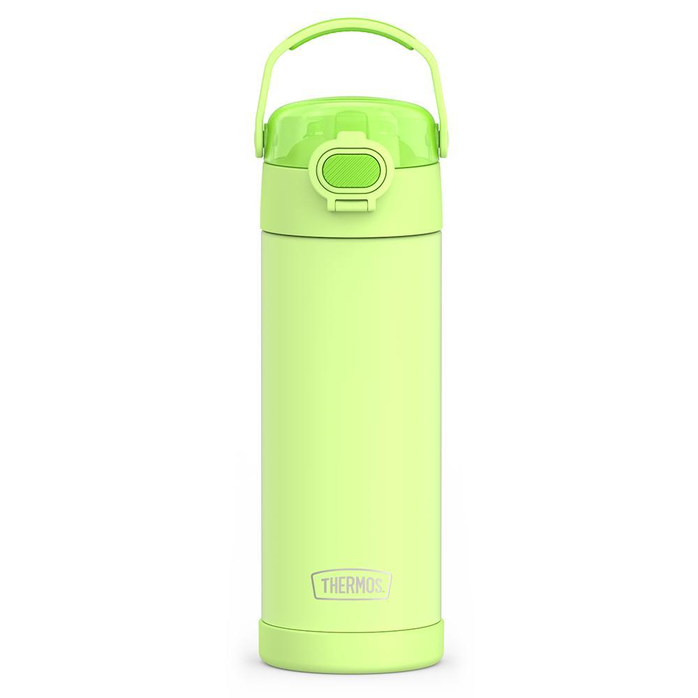 16-ounce Kids Stainless Steel Water Bottle with Spout and locking lid,  front view, Neon Lime.