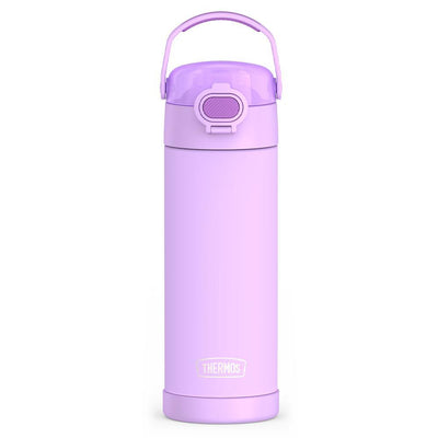 16-ounce Funtainer Stainless Steel Water Bottle with Spout and locking lid,  front view, Neon Purple.