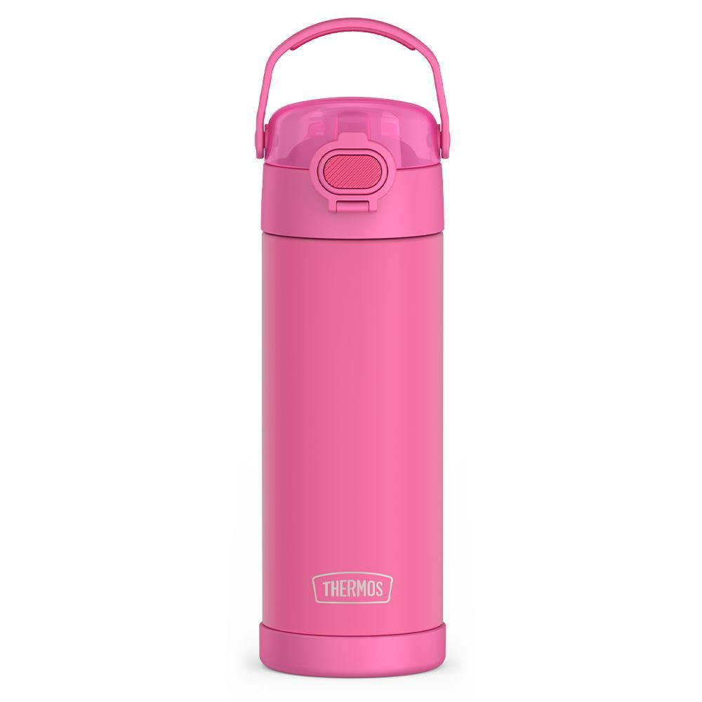 16-ounce Kids Stainless Steel Water Bottle with Spout and locking lid,  front view, Neon Pink.