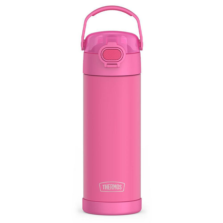 16-ounce Kids Stainless Steel Water Bottle with Spout and locking lid,  front view, Neon Pink.