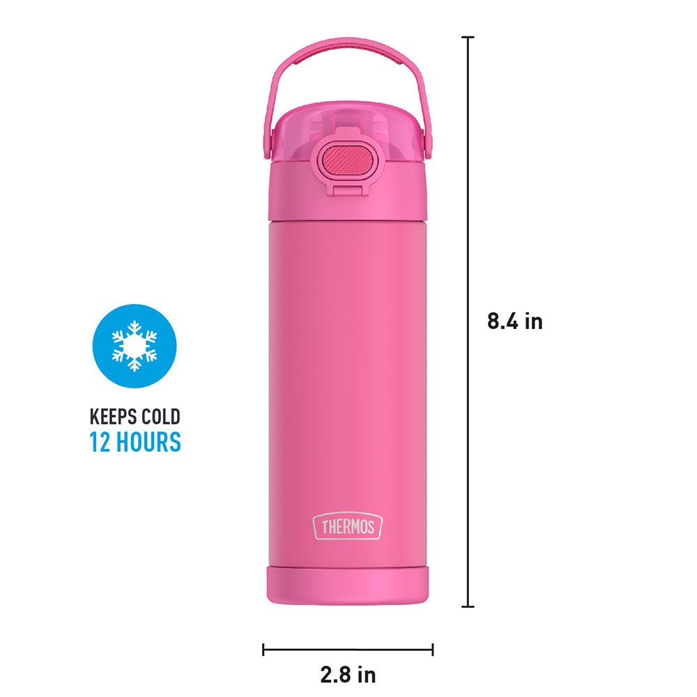 16-ounce Funtainer Stainless Steel Water Bottle with Spout and locking lid, Neon Pink, front view with handle up. 8.4 inches tall, 2.8 inches wide at base. Keeps Cold 12 Hours.