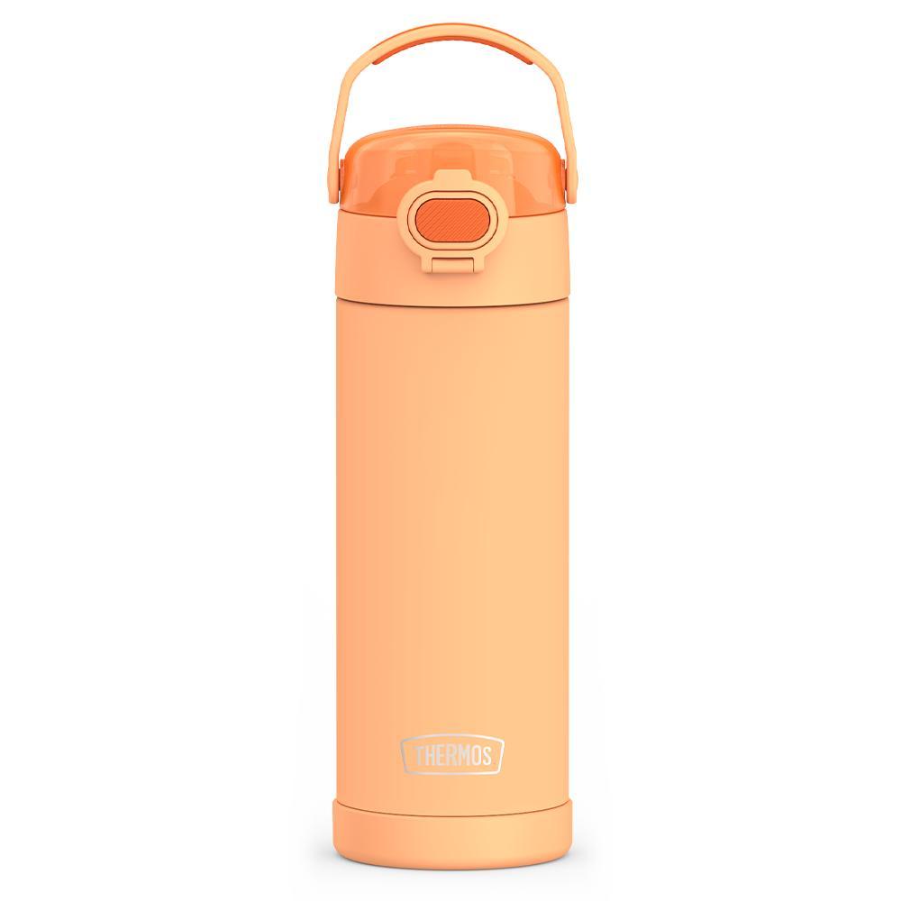 16-ounce Kids Stainless Steel Water Bottle with Spout and locking lid,  front view, Orange.