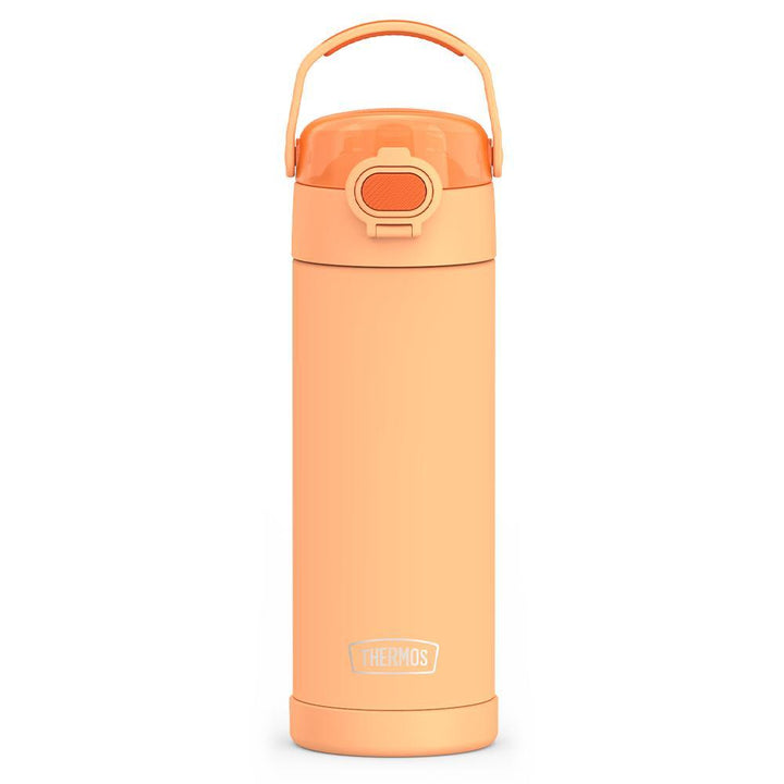 16-ounce Kids Stainless Steel Water Bottle with Spout and locking lid,  front view, Orange.