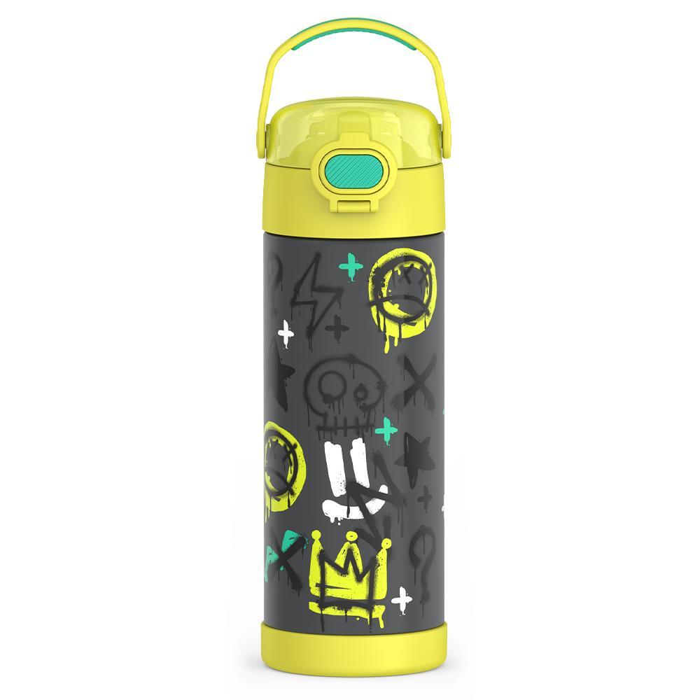 16-ounce Kids Stainless Steel Water Bottle with Spout and locking lid,  front view, Yellow Graffiti.