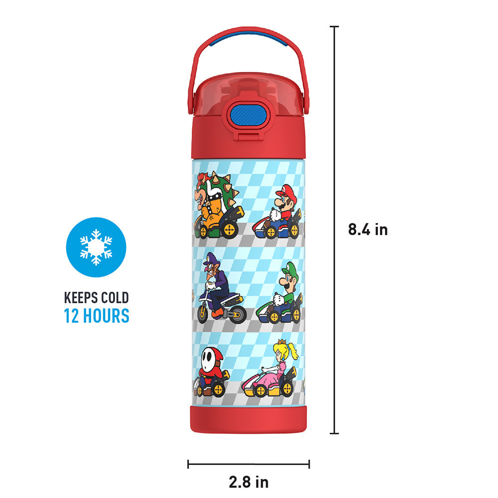 16-ounce Funtainer Stainless Steel Water Bottle with Spout, Mario Kart, Red, front view with handle up. 8.4 inches tall, 2.8 inches wide at base. Keeps Cold 12 Hours.