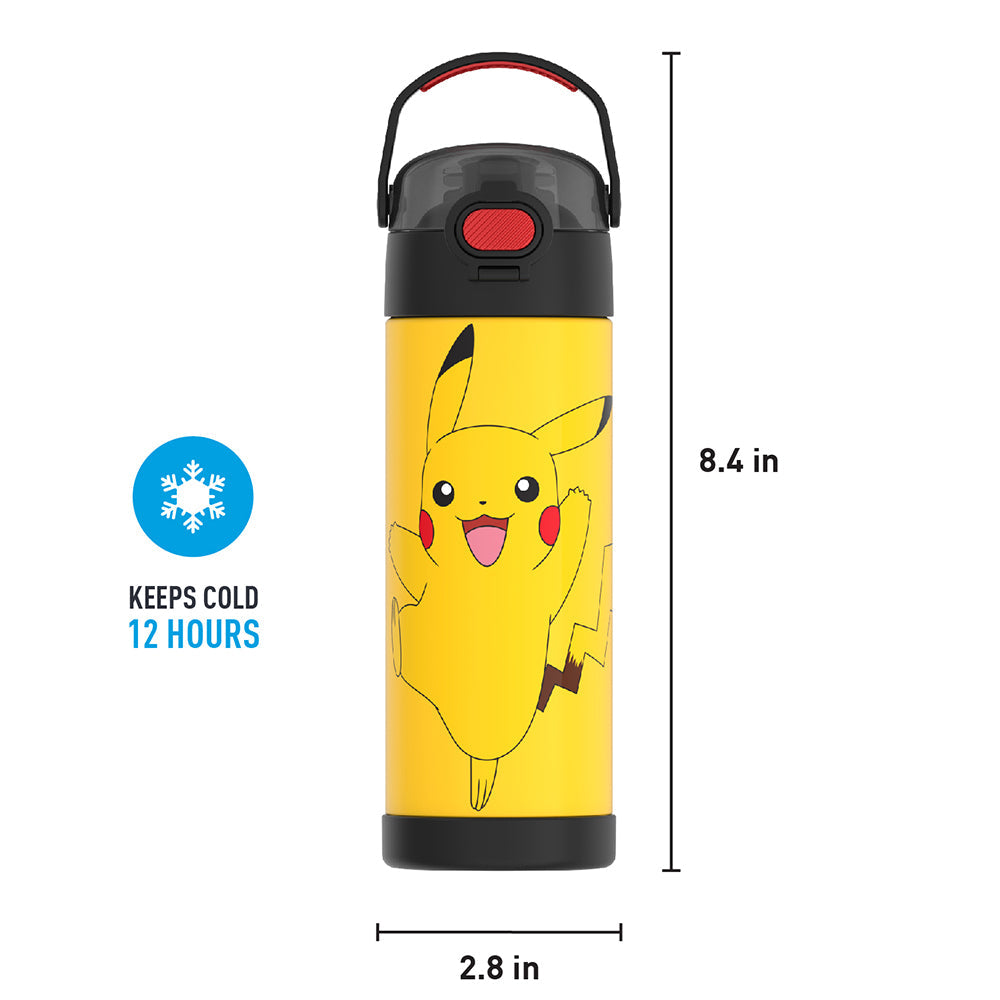 16-ounce Funtainer Stainless Steel Water Bottle with Spout, Pokémon Pikachu,Yellow and Black, front view with handle up. 8.4 inches tall, 2.8 inches wide at base. Keeps Cold 12 Hours.