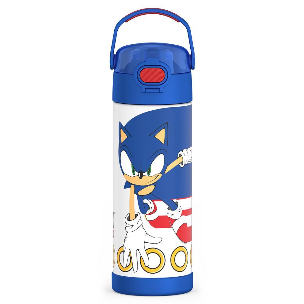  16-ounce Funtainer Stainless Steel Water Bottle with Spout and locking lid, front view, Sonic the Hedgehog, Blue.