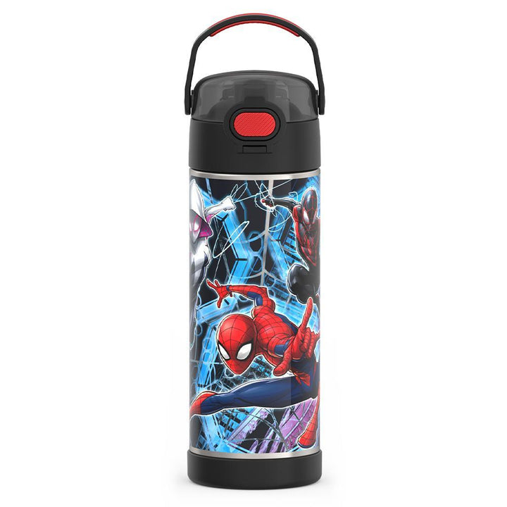 16-ounce Funtainer Stainless Steel Water Bottle with Spout and locking lid,  front view, Spider-Man, Black.