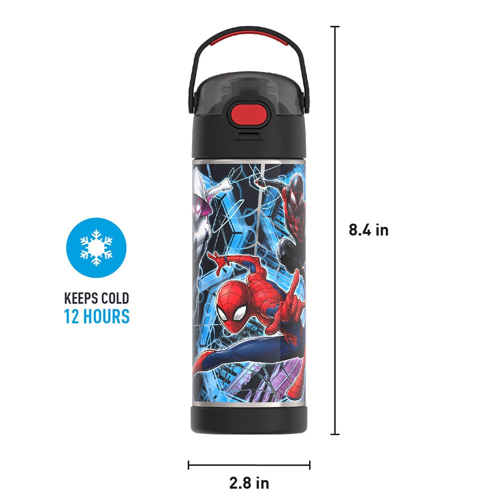 16-ounce Funtainer Stainless Steel Water Bottle with Spout and locking lid, Spider-Man, Black, front view with handle up. 8.4 inches tall, 2.8 inches wide at base. Keeps Cold 12 Hours.