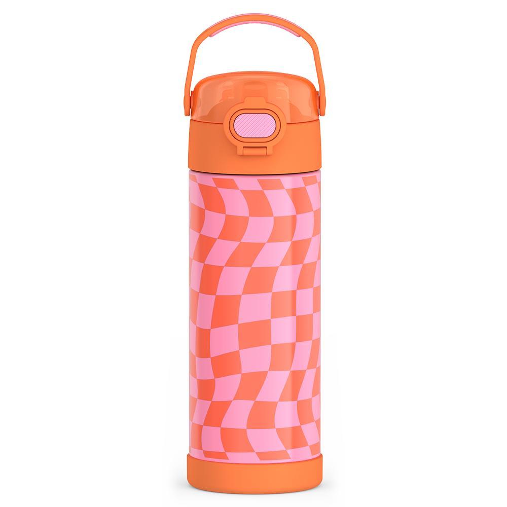 16-ounce Kids Stainless Steel Water Bottle with Spout and locking lid,  front view, Orange and Pink Wavy Checkers.