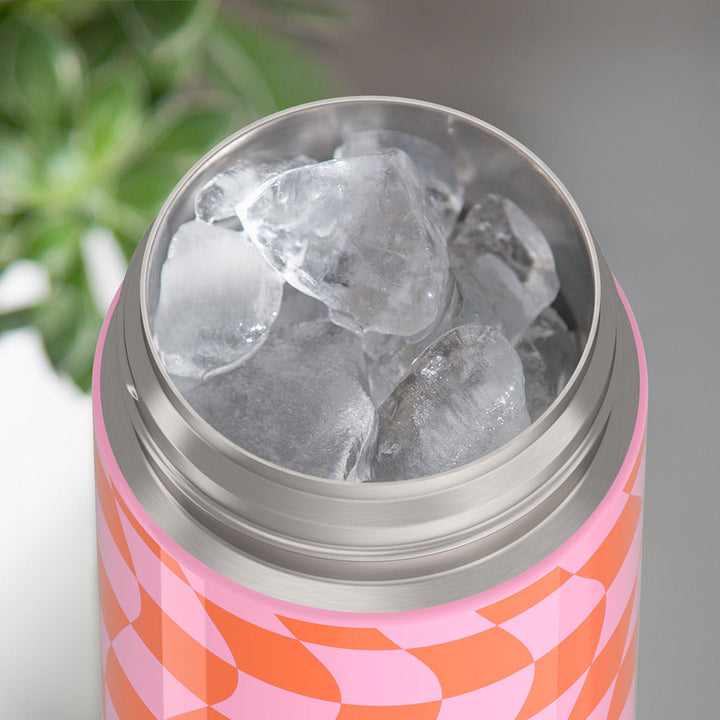 16-ounce Orange and Pink Wavy Checkers Funtainer water bottle, opened and full of ice.
