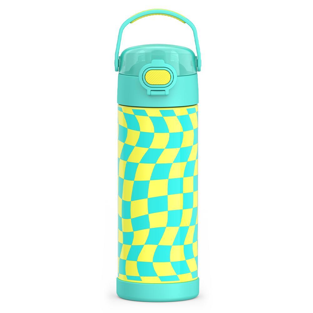 16-ounce Kids Stainless Steel Water Bottle with Spout and locking lid,  front view, Teal and Yellow Wavy Checkers.