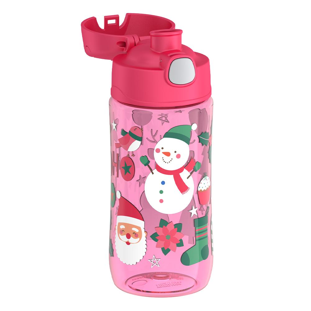 16 ounce tritan water bottle, spout inset view, pink snowman.