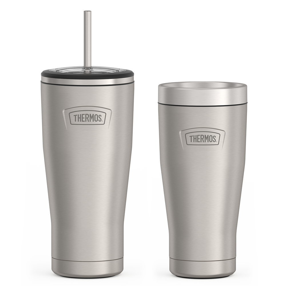 Thermos Icon 32 ounce water bottle with straw and 24 ounce hot or cold beverage tumbler bundle. 