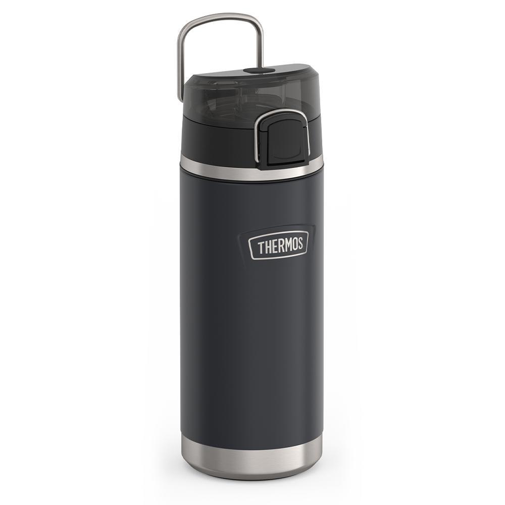 Thermos 18 ounce Stainless Steel Water Bottle with locking, covered spout lid, side view with metal handle up, Granite Black.
Thermos 18 ounce Stainless Steel Water Bottle with locking, covered spout lid, side view with metal handle up, Granite Black.