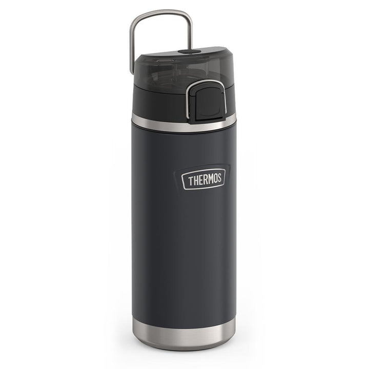 Thermos 18 ounce Stainless Steel Water Bottle with locking, covered spout lid, side view with metal handle up, Granite Black.
Thermos 18 ounce Stainless Steel Water Bottle with locking, covered spout lid, side view with metal handle up, Granite Black.