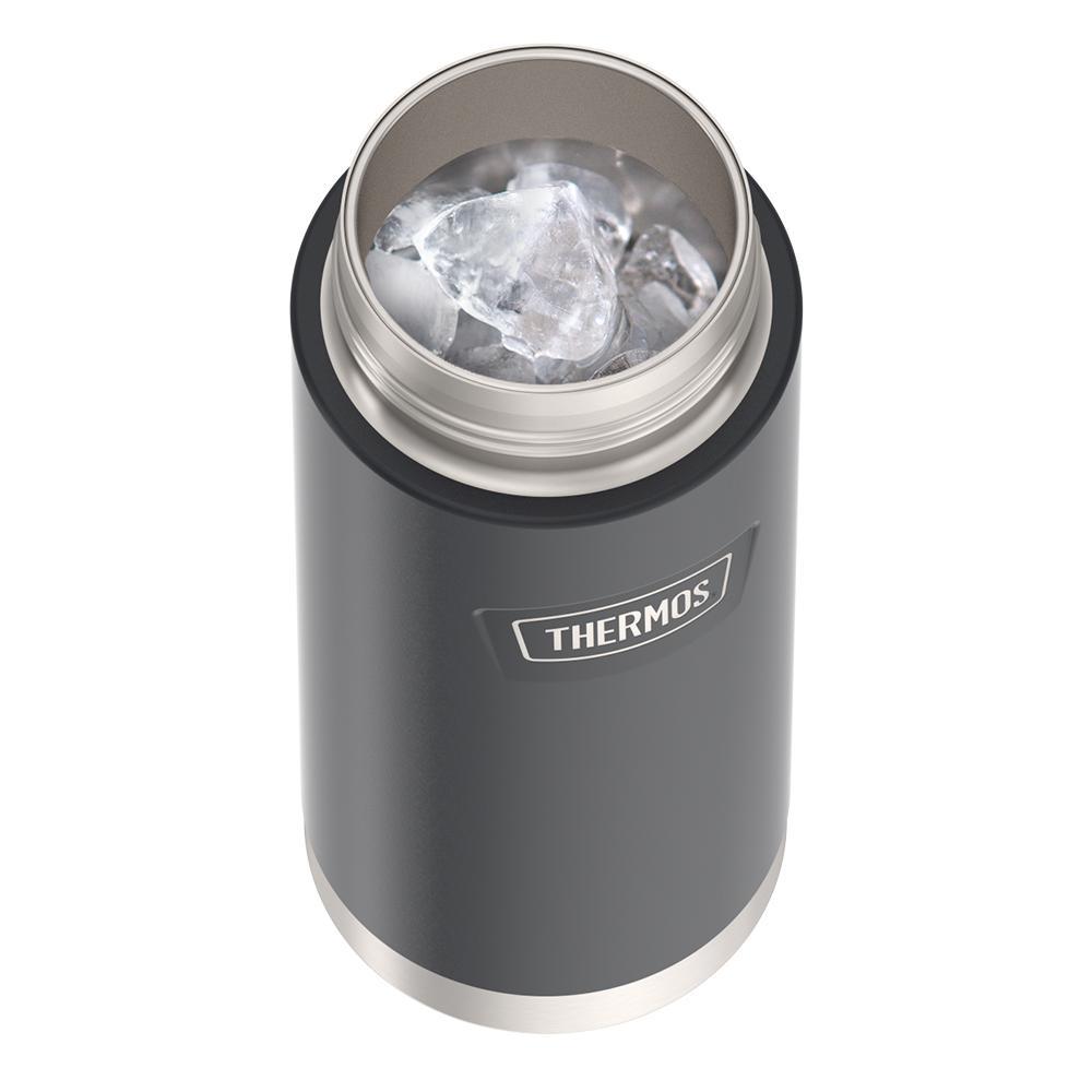 Thermos 18 ounce Stainless Steel Water Bottle with locking, covered spout lid, top view with lid off and showing ice inside, Granite Black.