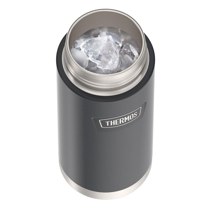 Thermos 18 ounce Stainless Steel Water Bottle with locking, covered spout lid, top view with lid off and showing ice inside, Granite Black.