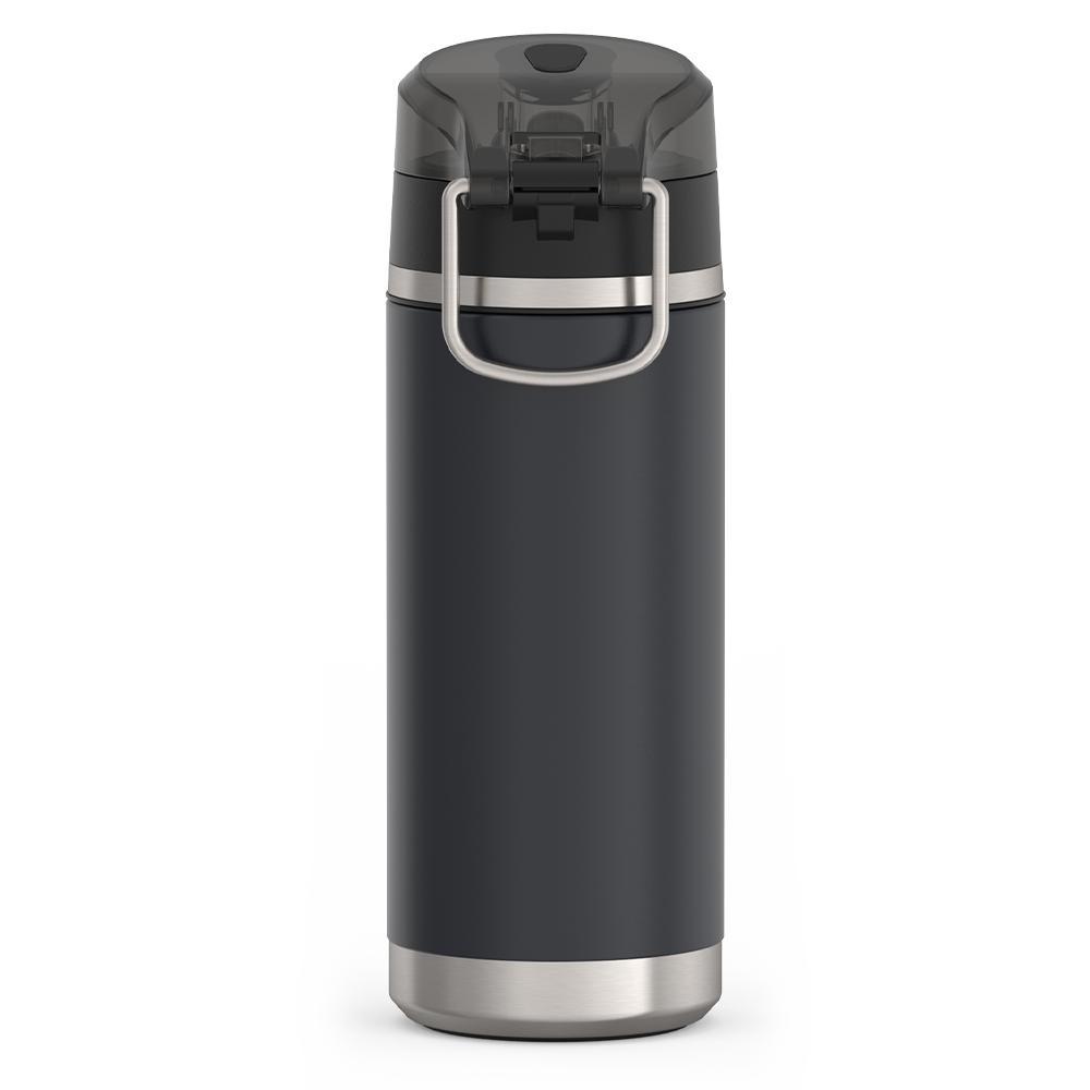 Thermos 18 ounce Stainless Steel Water Bottle with locking, covered spout lid, back view, Granite Black.