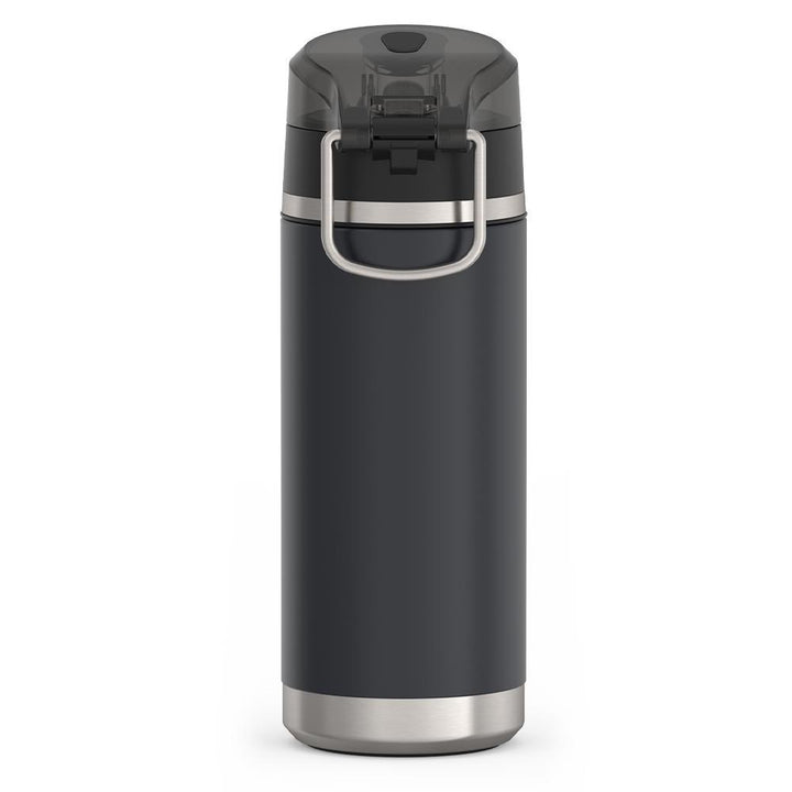 Thermos 18 ounce Stainless Steel Water Bottle with locking, covered spout lid, back view, Granite Black.