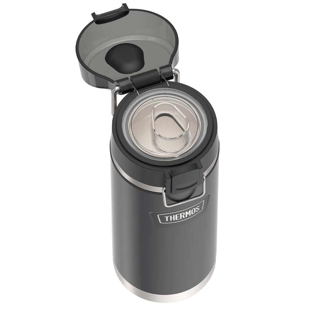 Thermos 18 ounce Stainless Steel Water Bottle with locking, covered spout lid, top view with covered lid open and showing spout, Granite Black.