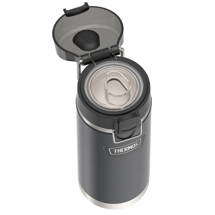 Thermos 18 ounce Stainless Steel Water Bottle with locking, covered spout lid, top view with covered lid open and showing spout, Granite Black.