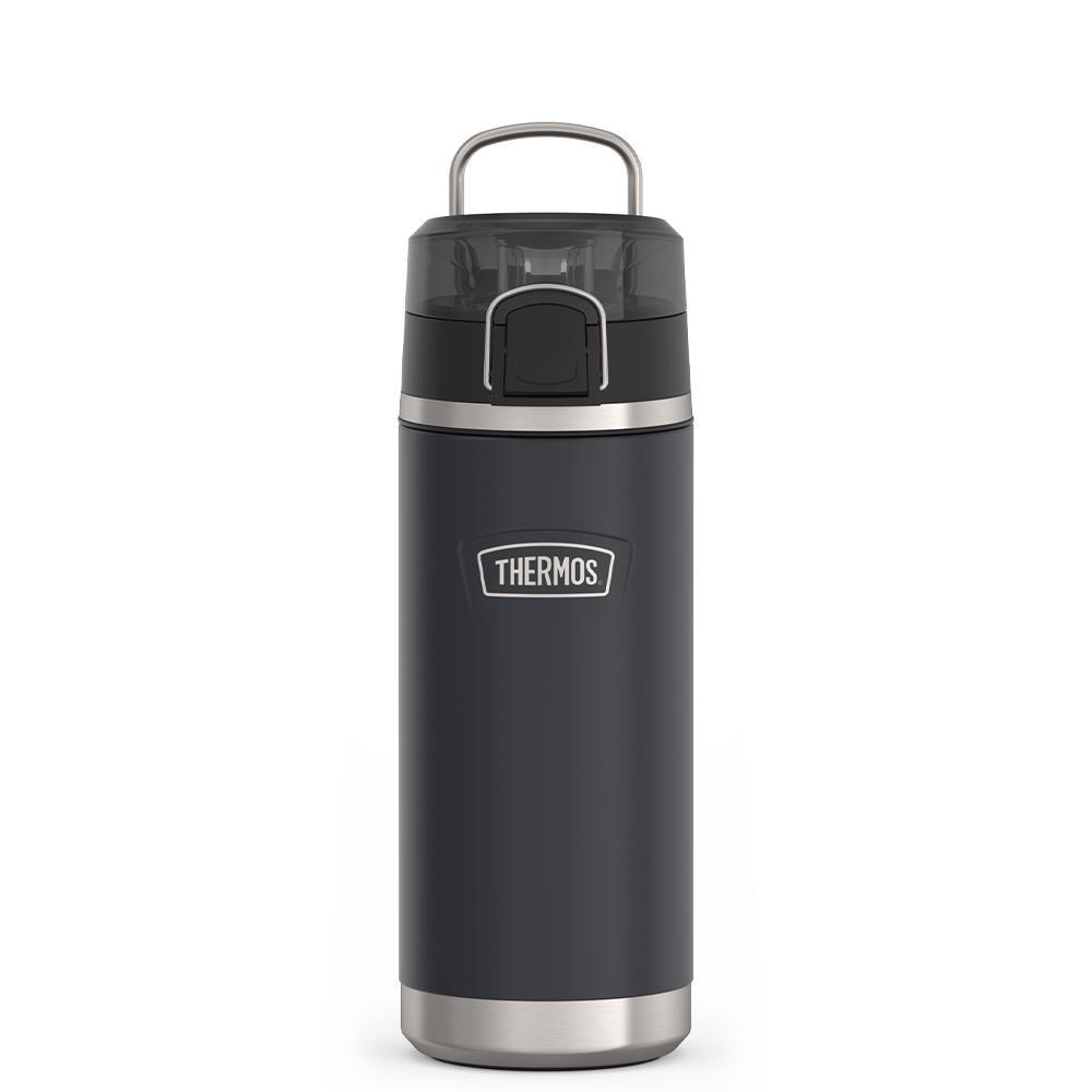 Thermos 18 ounce Stainless Steel Water Bottle with locking, covered spout lid, front view with metal handle up, Granite Black.