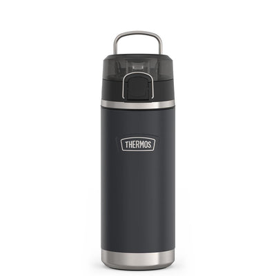 Thermos 18 ounce Stainless Steel Water Bottle with locking, covered spout lid, front view with metal handle up, Granite Black.