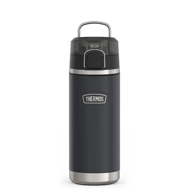 Thermos 18 ounce Stainless Steel Water Bottle with locking, covered spout lid, front view with metal handle up, Granite Black.
